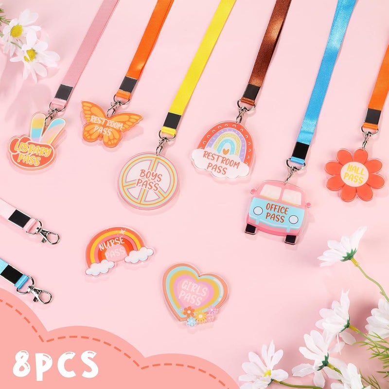 CORNER LACE 8Packs Groovy Acrylic Hall Pass Lanyards Set, Unbreakable School Passes & Soft Lanyards Set, Elementary Middle School/Teacher Supplies for Classrooms Hall Library Restroom Nurse Office - Image 2